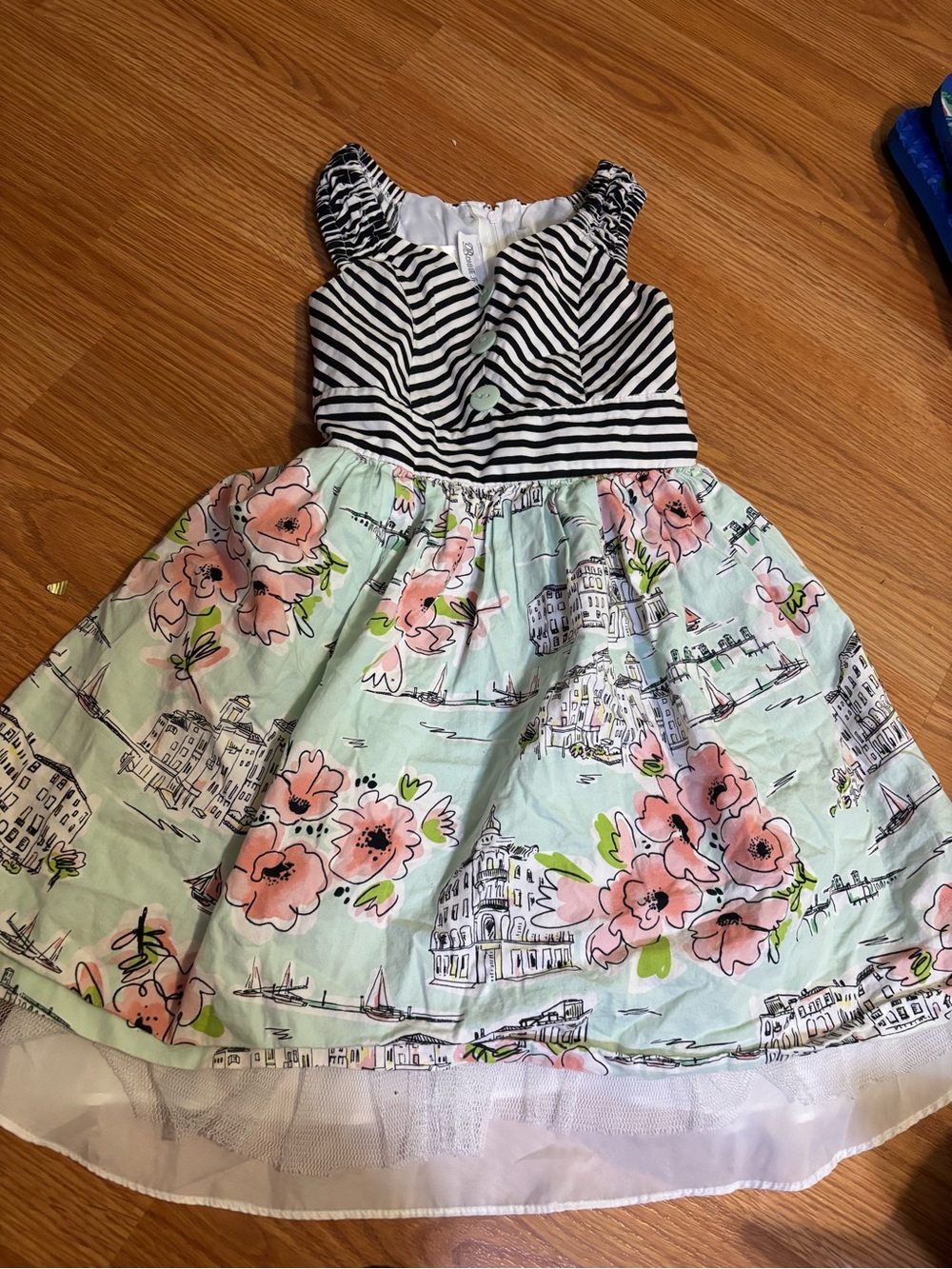 Bonnie Jean Striped Bodice Floral Skirt Girls' Dress - Mint & Pink size 6